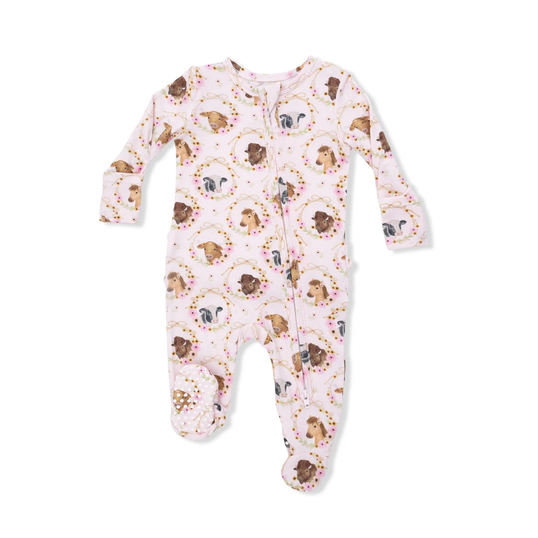 Farm Animals Floral Ruffle 2 Way Zipper Footie