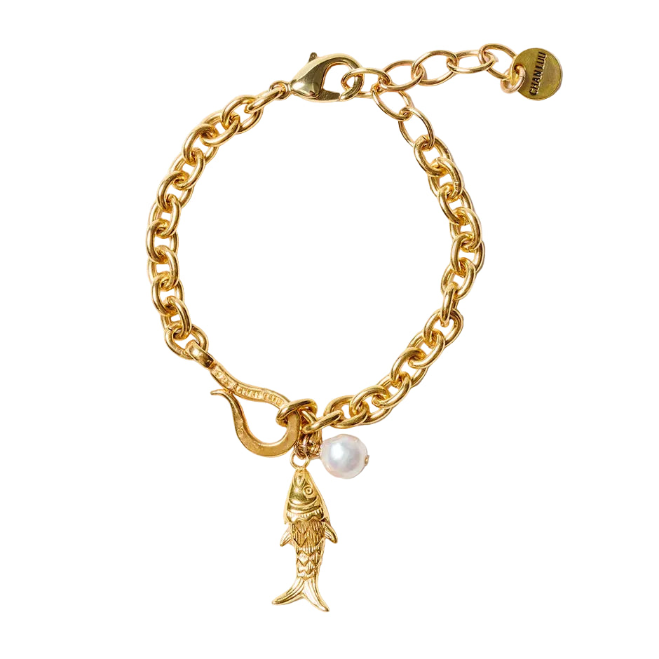 Chan Luu Chain Link Bracelet Featuring Mini Articulated Fish and Pearl