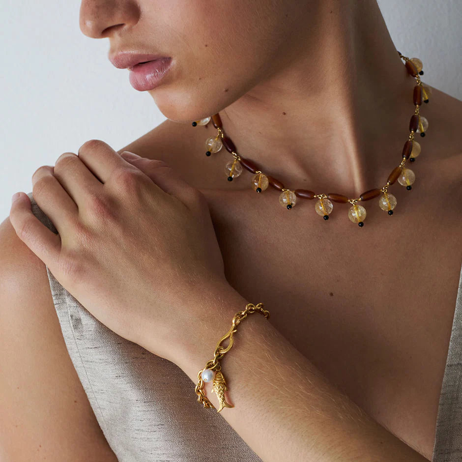 Chan Luu Chain Link Bracelet Featuring Mini Articulated Fish and Pearl