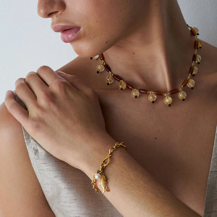 Chan Luu Chain Link Bracelet Featuring Mini Articulated Fish and Pearl