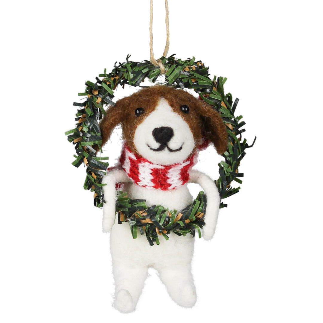 Felt Dog in Wreath Ornament