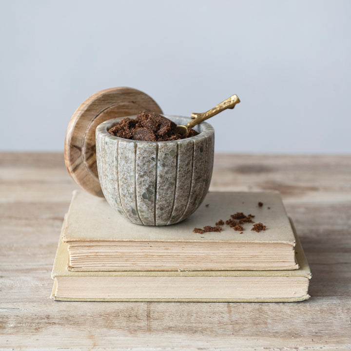 Carved Marble Container with Mango Wood Lid