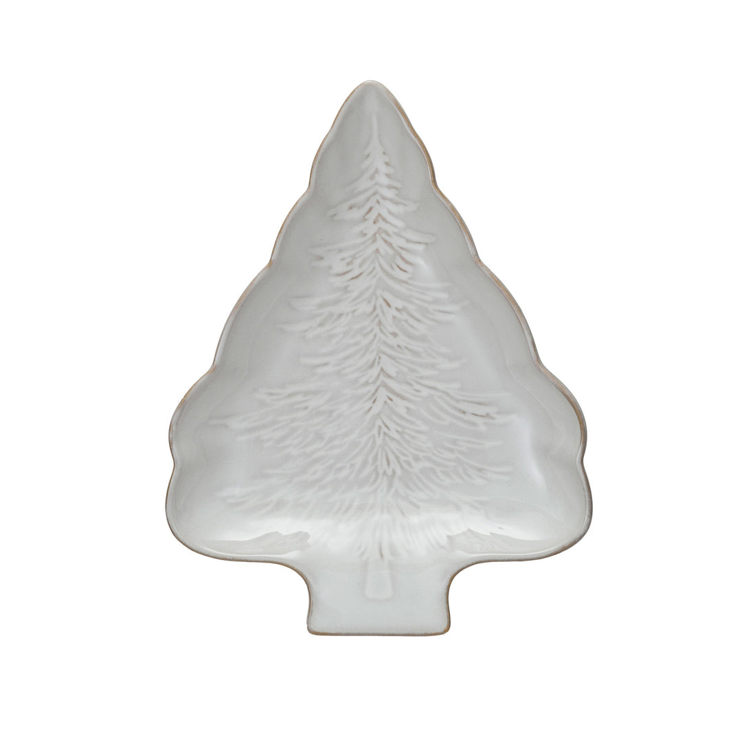 Stoneware Tree Shaped Plate w/Tree Design