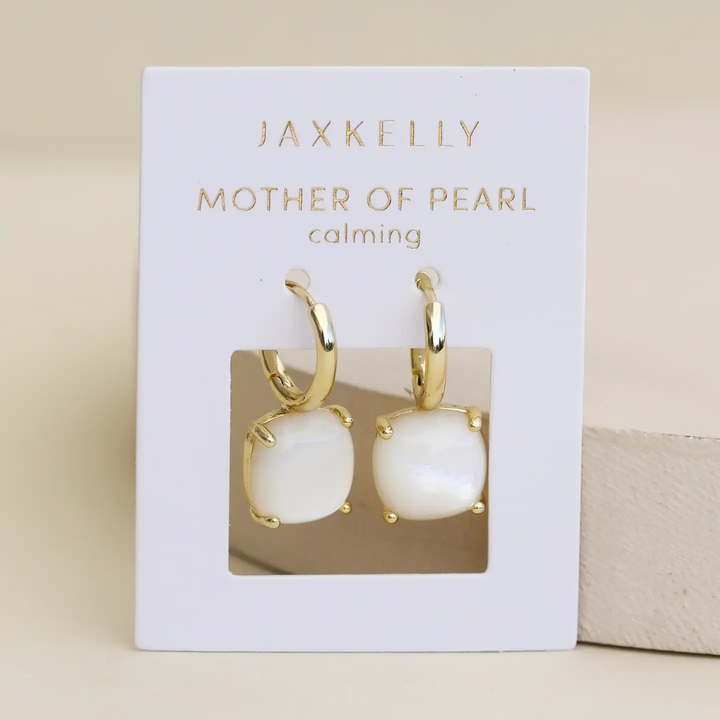 JaxKelly Gemstone Mini Drop Huggie Hoops - Mother of Pearl