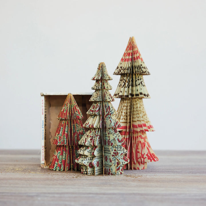 7"h Vintage Pattern Block Printed Paper Folding Honeycomb Tree