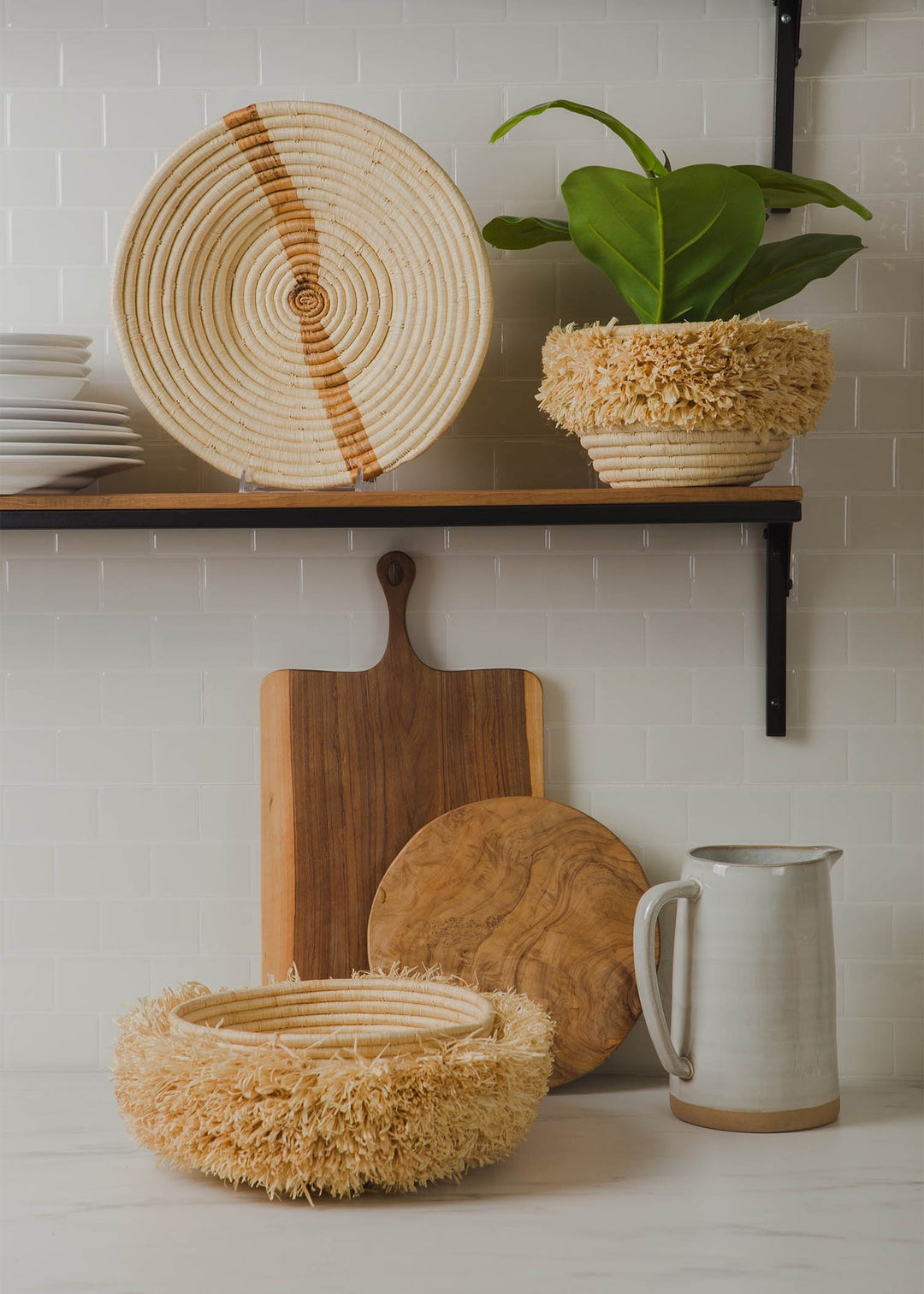 12" Large Banana Bark Striped Round Basket